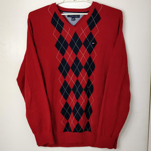 Tommy Hilfiger Mens Sweaters Argyle V-Neck Red